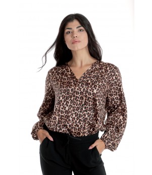 Bluza Dama cu Decolteu in V, Satin Leopard, Maro