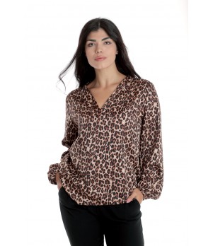 Bluza Dama cu Decolteu in V, Satin Leopard, Maro