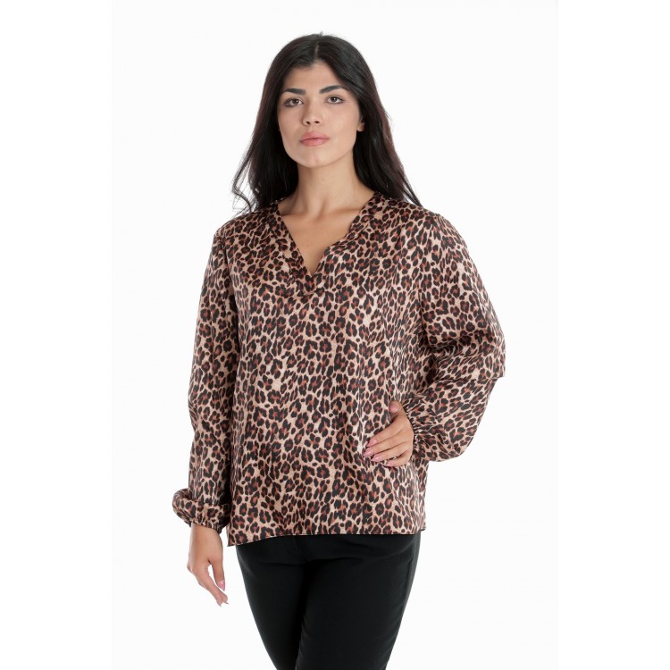 Bluza Dama cu Decolteu in V, Satin Leopard, Maro