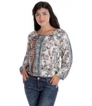 Bluza Dama, cu Maneca lunga tip IE, Alba cu Imprimeu Albastru-Maro Combinat
