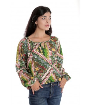 Bluza Dama, cu Maneca lunga tip IE, Verde cu Imprimeu Multicolor