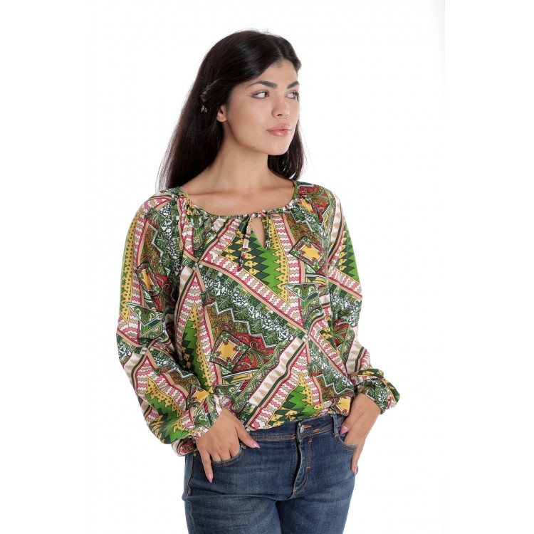 Bluza Dama, cu Maneca lunga tip IE, Verde cu Imprimeu Multicolor