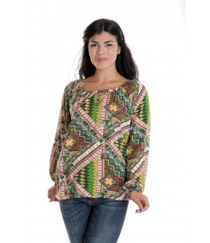 Bluza Dama, cu Maneca lunga tip IE, Verde cu Imprimeu Multicolor