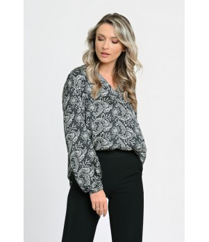 Bluza Dama cu Maneca lunga tip Kimono, Negru cu Alb stil Baroque