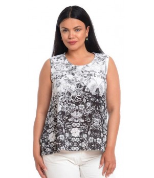 Bluza Dama fara Maneci Alb Negru cu Imprimeu Floral