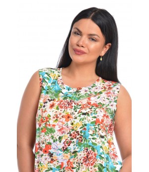 Bluza Dama fara Maneci cu Imprimeu Floral Albastru/ Portocaliu