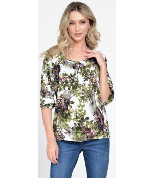 Bluza IE Dama cu Maneca 3 sferturi, model Floral, alb cu verde