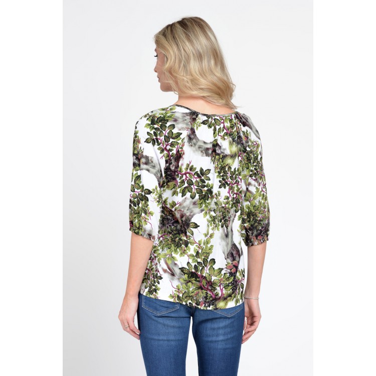 Bluza IE Dama cu Maneca 3 sferturi, model Floral, alb cu verde