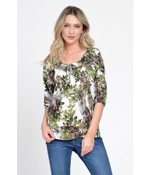 Bluza IE Dama cu Maneca 3 sferturi, model Floral, alb cu verde