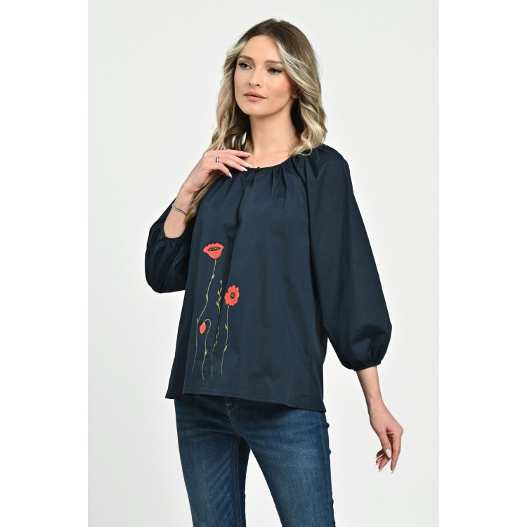 Bluza Dama cu Maneca 3 sferturi, bleumarin cu pictura manuala