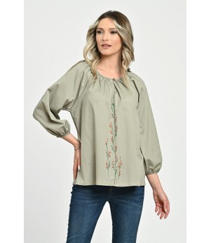 Bluza Dama cu Maneca 3 sferturi, verde cu pictura manuala