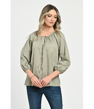 Bluza Dama cu Maneca 3 sferturi, verde cu pictura manuala