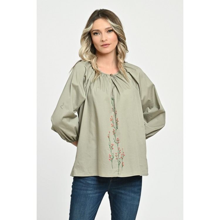 Bluza Dama cu Maneca 3 sferturi, verde cu pictura manuala