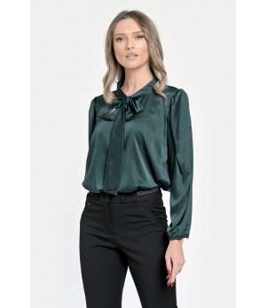 Bluza Dama din Satin, Verde inchis, Eleganta cu Funda V303