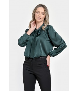 Bluza Dama din Satin, Verde inchis, Eleganta cu Funda V303
