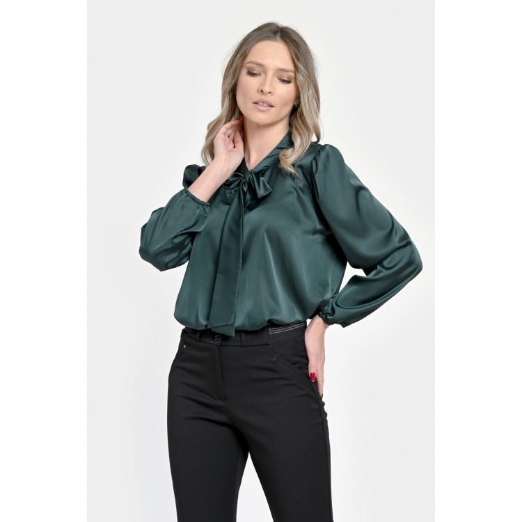 Bluza Dama din Satin, Verde inchis, Eleganta cu Funda V303