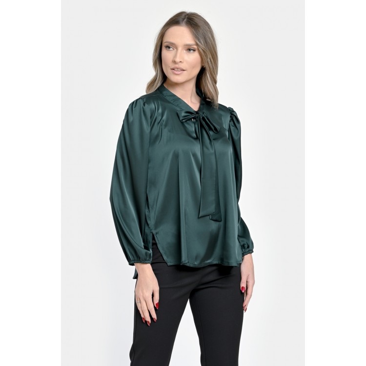 Bluza Dama din Satin, Verde inchis, Eleganta cu Funda V303