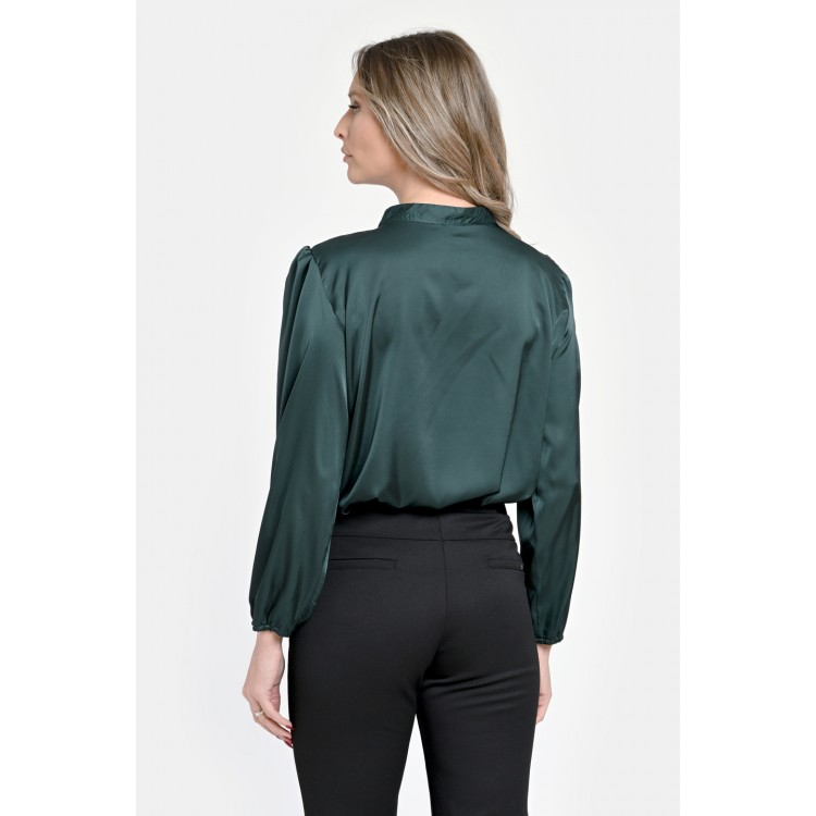Bluza Dama din Satin, Verde inchis, Eleganta cu Funda V303