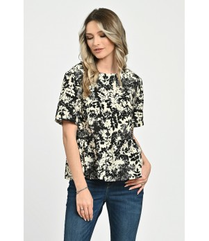 Bluza Dama, Peplum, din Viscoza, Crem cu Negru si model Floral