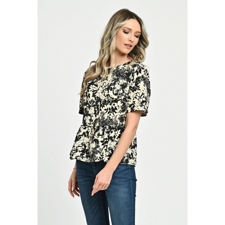 Bluza Dama, Peplum, din Viscoza, Crem cu Negru si model Floral