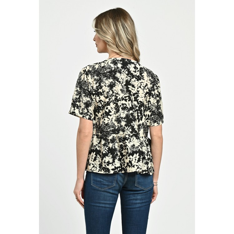 Bluza Dama, Peplum, din Viscoza, Crem cu Negru si model Floral