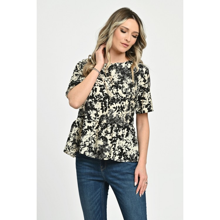 Bluza Dama, Peplum, din Viscoza, Crem cu Negru si model Floral