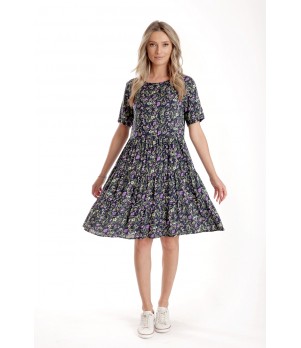 Rochie cu Volane Dama V277, Bleumarin Imprimeu Floral Lila