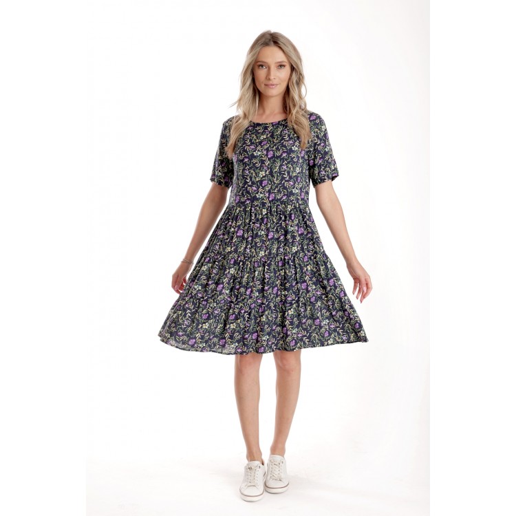 Rochie cu Volane Dama V277, Bleumarin Imprimeu Floral Lila