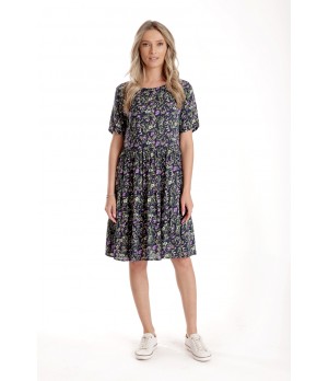 Rochie cu Volane Dama V277, Bleumarin Imprimeu Floral Lila