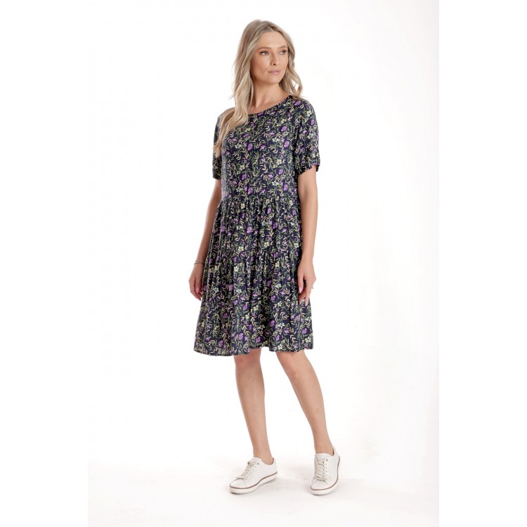 Rochie cu Volane Dama V277, Bleumarin Imprimeu Floral Lila