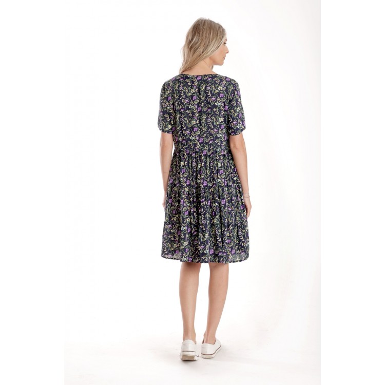Rochie cu Volane Dama V277, Bleumarin Imprimeu Floral Lila