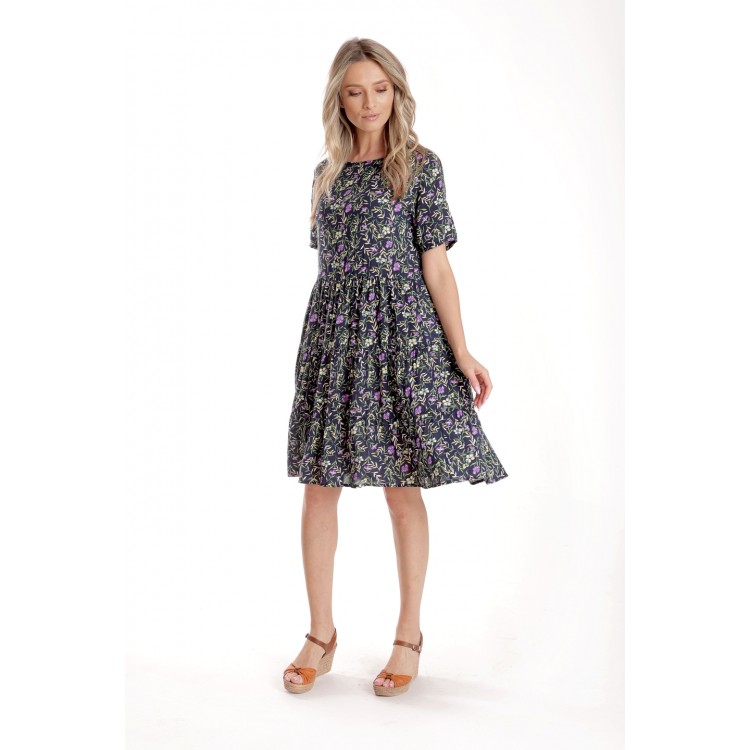 Rochie cu Volane Dama V277, Bleumarin Imprimeu Floral Lila