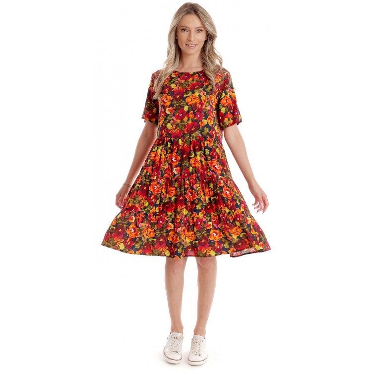 Rochie cu Volane Dama V279, Rosu cu imprimeu multicolor