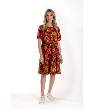 Rochie cu Volane Dama V279, Rosu cu imprimeu multicolor