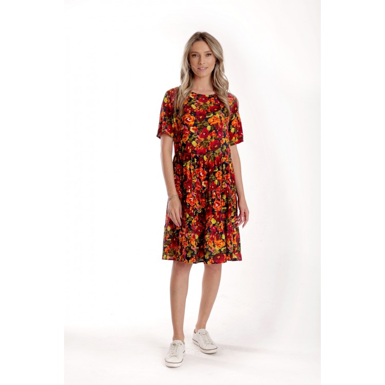 Rochie cu Volane Dama V279, Rosu cu imprimeu multicolor