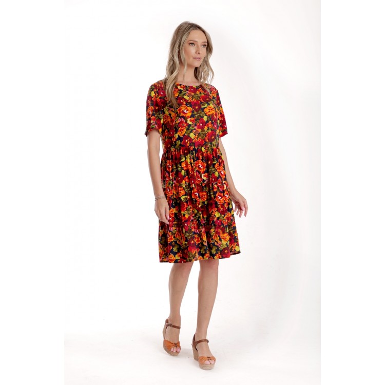 Rochie cu Volane Dama V279, Rosu cu imprimeu multicolor
