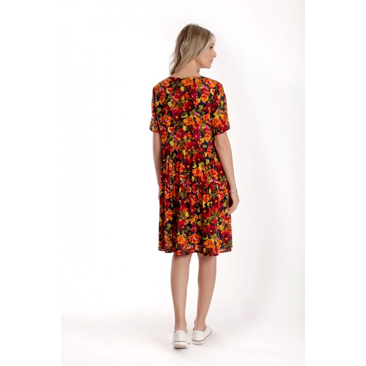 Rochie cu Volane Dama V279, Rosu cu imprimeu multicolor