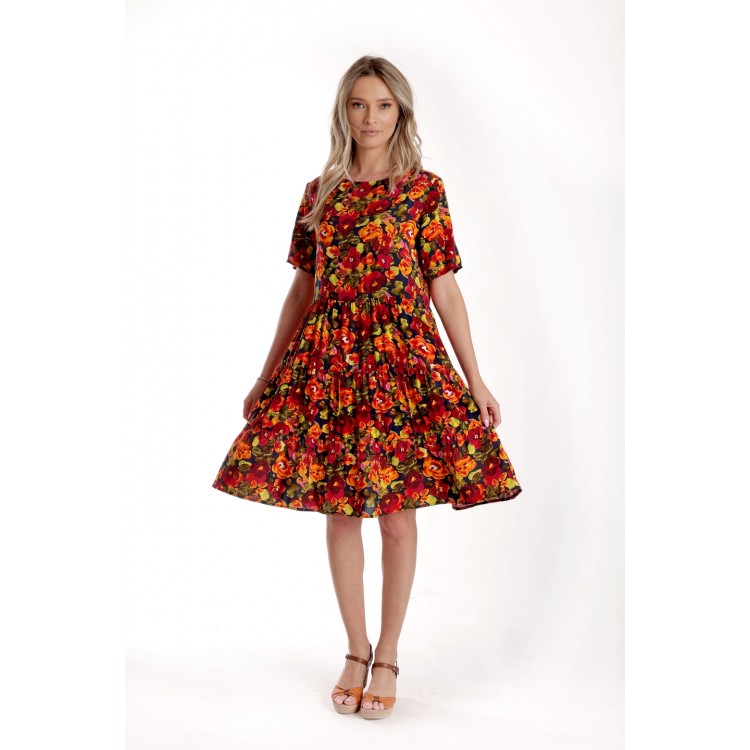 Rochie cu Volane Dama V279, Rosu cu imprimeu multicolor