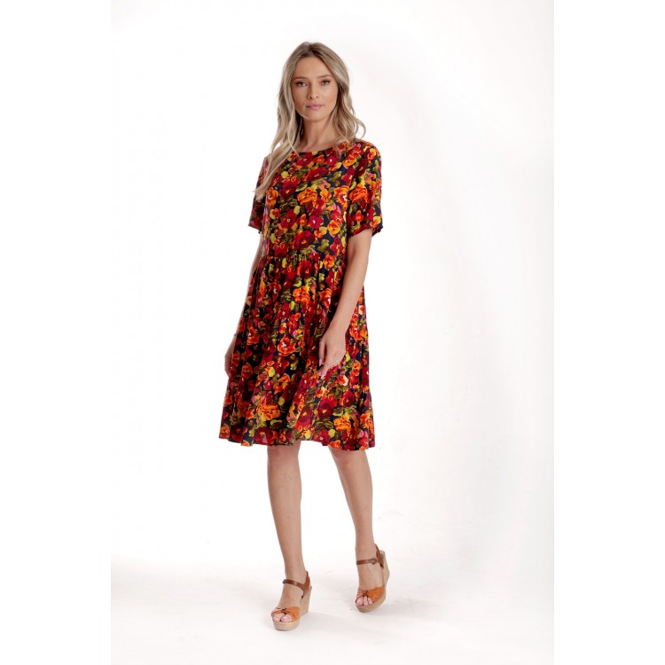 Rochie cu Volane Dama V279, Rosu cu imprimeu multicolor