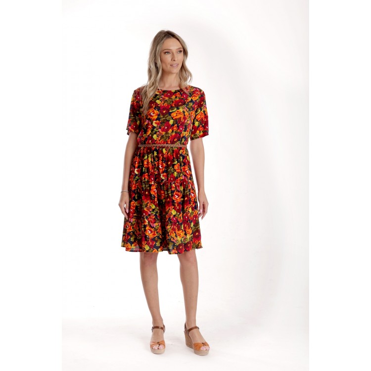 Rochie cu Volane Dama V279, Rosu cu imprimeu multicolor