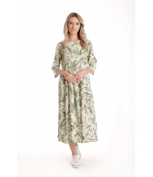 Rochie Lunga Dama V271, crem cu imprimeu floral verde