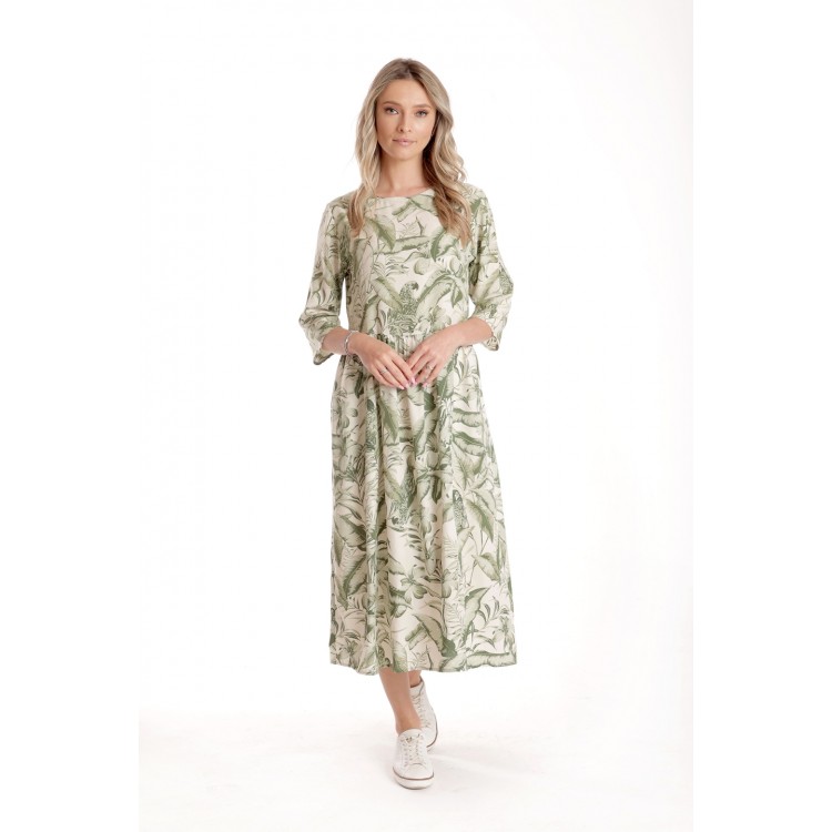 Rochie Lunga Dama V271, crem cu imprimeu floral verde