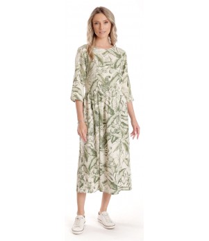 Rochie Lunga Dama V271, crem cu imprimeu floral verde