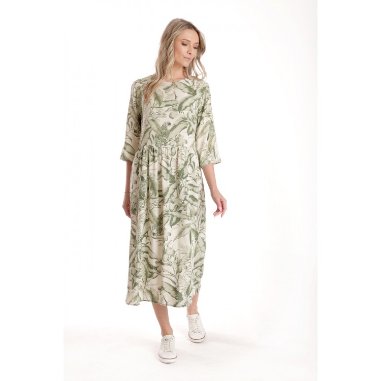 Rochie Lunga Dama V271, crem cu imprimeu floral verde