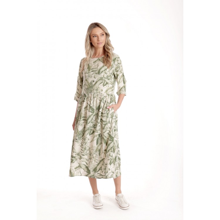 Rochie Lunga Dama V271, crem cu imprimeu floral verde