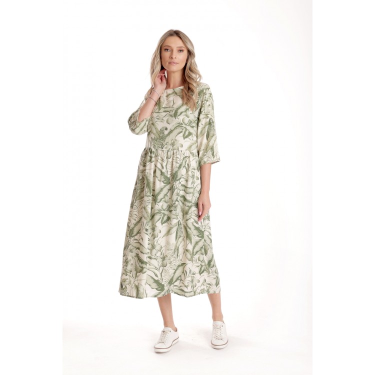 Rochie Lunga Dama V271, crem cu imprimeu floral verde