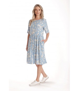 Rochie Medie Dama V272, Bleu cu flori albe