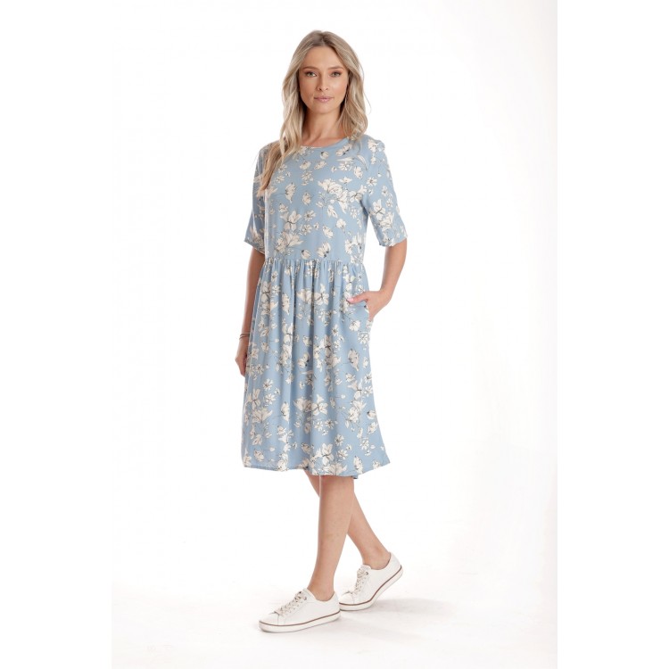 Rochie Medie Dama V272, Bleu cu flori albe