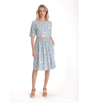 Rochie Medie Dama V272, Bleu cu flori albe