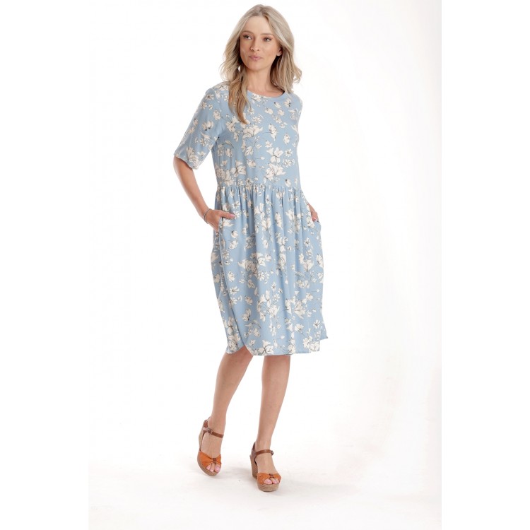 Rochie Medie Dama V272, Bleu cu flori albe